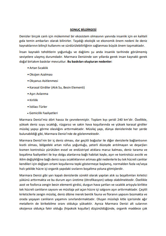Müsilaj Sorununa Yönelik Akademik Çalışmaların Değerlendirme Toplantısı Sonuç Bildirgesi